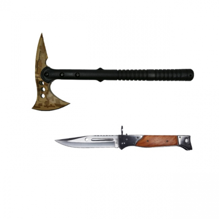 Seturi de cutite & accesorii vanatoare si tactice - Set Topor Ideallstore® , Survivor Desert Camo si briceag AK-47 , 34 cm, ​ teaca inclusa