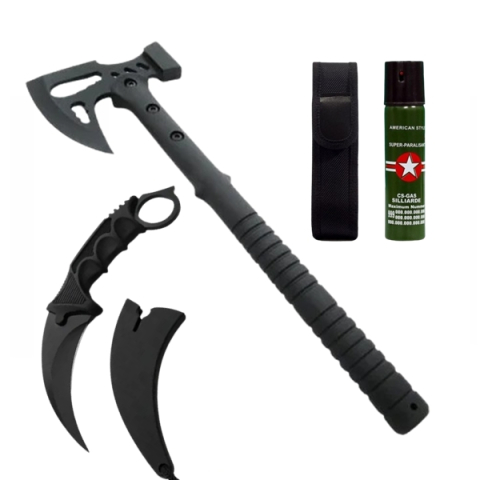 Topor camping - Set topor multifuncțional, cuțit karambit Night și spray autoapărare DEPOX®, otel inoxidabil, negru, 42 cm/19 cm/110 ml, teaca inclusa