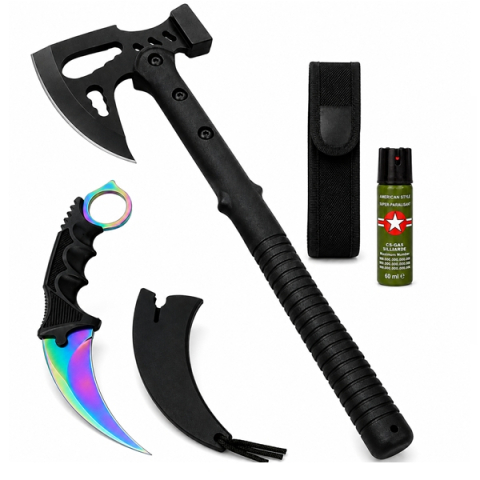 Topor camping - Set topor multifuncțional, cuțit Karambit și spray autoaparare DEPOX®, 42 cm/60 ml/19 cm, husa inclusa