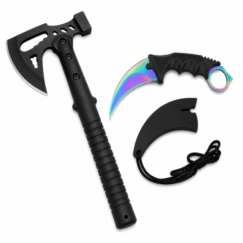 Topor camping - Set topor otel inoxidabil si Cutit-Karambit, Rainbow Star DEPOX®, negru/multicolor, 42 cm/18.5 cm, teaca inclusa