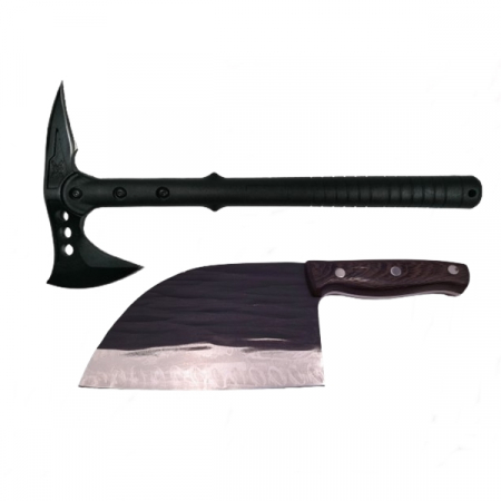 Topor camping - Set Topor Pirate Skull, 39 cm si Cutit Wave Blade, 30 cm, IdeallStore®, otel inoxidabil, negru