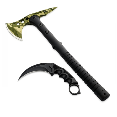 Topor camping - Set topor si cutit karambit DEPOX®, otel inoxidabil, verde.negru, 40 cm/18.5 cm, teaca inclusa