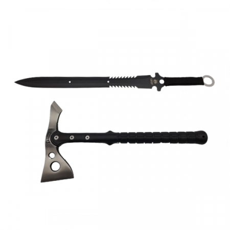 Sabii & Macete - Set topor si sabie de vanatoare, IdeallStore®, argintiu, 38 cm, teaca inclusa