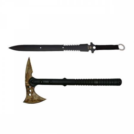 SPORT & TIMP LIBER - Set topor si sabie de vanatoare, IdeallStore®, Desert Camo, 39 cm
