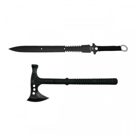 SPORT & TIMP LIBER - Set topor si sabie de vanatoare, IdeallStore®,  negru, 39 cm, teaca inclusa
