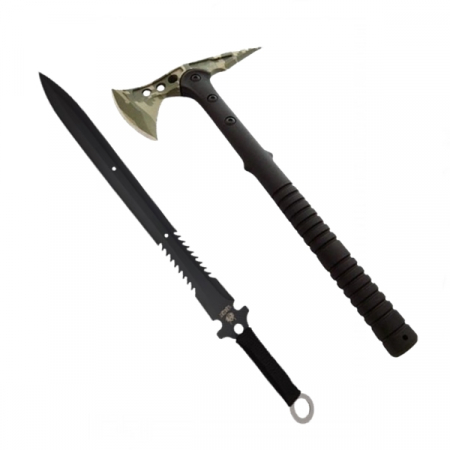 Sabii & Macete - Set topor si sabie de vanatoare, IdeallStore®, otel inoxidabil, 40 cm, teaca inclusa