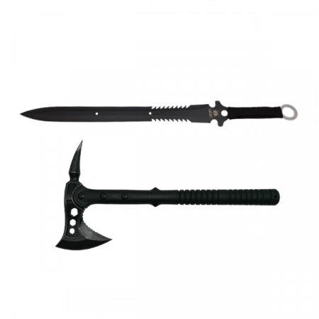 SPORT & TIMP LIBER - Set topor si sabie de vanatoare, IdeallStore®, otel inoxidabil, negru, 39 cm