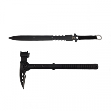 SPORT & TIMP LIBER - Set topor si sabie de vanatoare, IdeallStore®, otel inoxidabil, negru, 39 cm, teaca inclusa