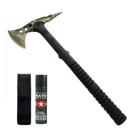 Topor camping - Set topor si spray propulsie jet DEPOX®, otel inoxidabil, verde, 40 cm/60 ml, negru, husa inclusa