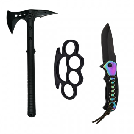 Topor camping - Set Topor Survivor 39 cm , Briceag de vanatoare 21 cm si Box aluminiu , IdeallStore®, negru