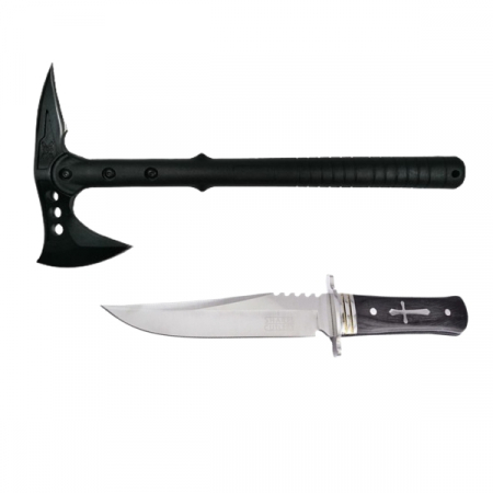 Topor camping - Set Topor Survivor 39 cm si Cutit de vanatoare 28 cm , IdeallStore® , negru ,husa inclusa