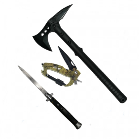 Topor camping - Set Topor Survivor, Carabina multifunctionala si Briceag Stiletto, IdeallStore®, otel