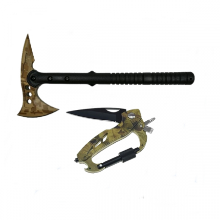 Topor camping - Set Topor Survivor, Desert Camo si Carabina multifunctionala 6 in 1, IdeallStore, 39 cm