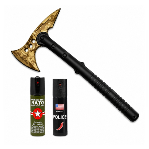 Topor camping - Set topor survivor, spray autoaparare si spray chili DEPOX®, 39 cm/110 ml/60 ml