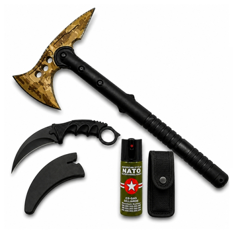 Topor camping - Set topor Survivor, spray paralizant si cutit karambit DEPOX®, 39 cm/110 ml/18.5 cm, husa inclusa
