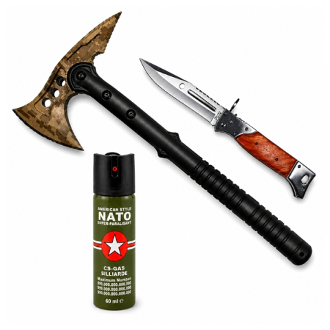Topor camping - Set topor SurvivormBriceag Automat din Oțel 440C si Spray Autoapărare NATO 39 cm/110 ml/22 cm, husa inclusa