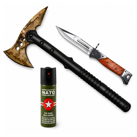 Topor camping - Set topor SurvivormBriceag Automat din Oțel 440C si Spray Autoapărare NATO 39 cm/60 ml/22 cm, husa inclusa