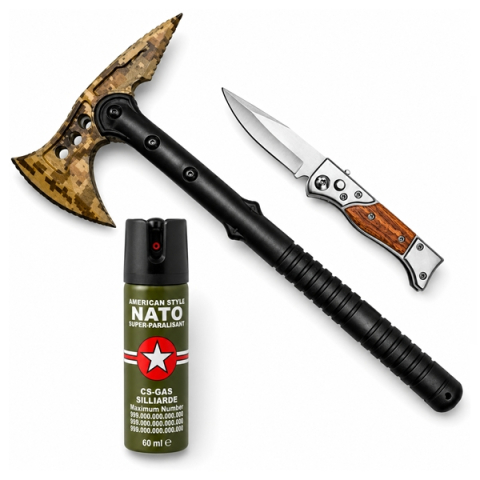 Topor camping - Set topor SurvivormBriceag Automat din Oțel 440C si Spray Autoapărare NATO 39 cm/110 ml/16 cm, husa inclusa