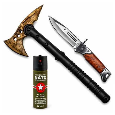 Topor camping - Set topor SurvivormBriceag Automat din Oțel 440C si Spray Autoapărare NATO 39 cm/60 ml/37 cm, husa inclusa