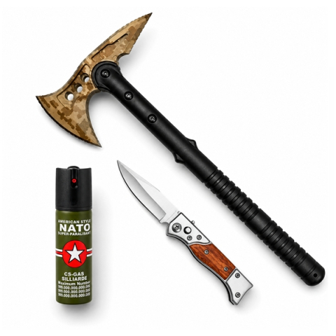 Topor camping - Set topor SurvivormBriceag Automat din Oțel 440C si Spray Autoapărare NATO 39 cm/60 ml/16 cm, husa inclusa