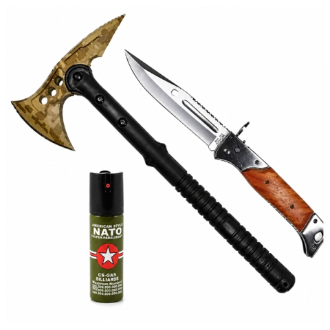 Topor camping - Set topor SurvivormBriceag Automat din Oțel 440C si Spray Autoapărare NATO 39 cm/110 ml/.27 cm, husa inclusa