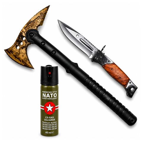 Topor camping - Set topor SurvivormBriceag Automat din Oțel 440C si Spray Autoapărare NATO 39 cm/110 ml/37 cm, husa inclusa