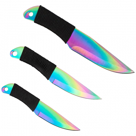 Set trei cutite de aruncat IdeallStore®, Rainbow Siege, otel inoxidabil, 22 cm, teaca inclusa [1]