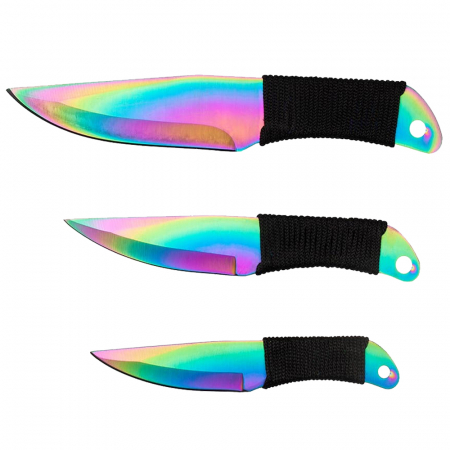 Cutite vanatoare - Set trei cutite de aruncat IdeallStore®, Rainbow Siege, otel inoxidabil, 22 cm, teaca inclusa
