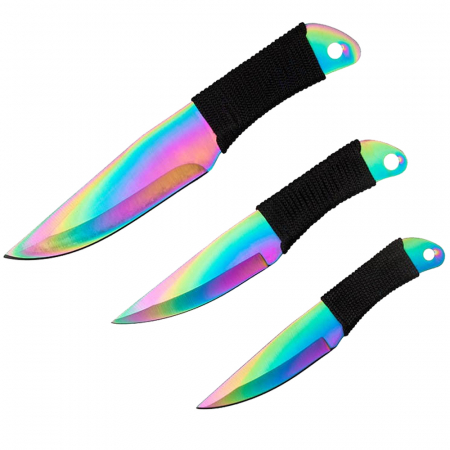 Set trei cutite de aruncat IdeallStore®, Rainbow Siege, otel inoxidabil, 22 cm, teaca inclusa [2]