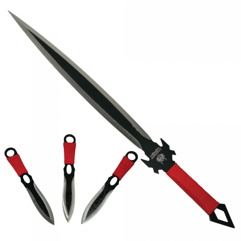 Sabii & Macete - Set vanatoare IdeallStore®, sabie si set trei cutite aruncat, otel inoxidabil, negru