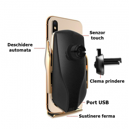 Suport auto cu incarcare rapida wireless IdeallStore®, Vrum-Vrum Friend, plastic, universal, senzor infrarosu, 13 cm, auriu [4]