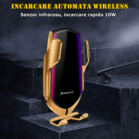Suport auto cu incarcare rapida wireless IdeallStore®, Vrum-Vrum Friend, plastic, universal, senzor infrarosu, 13 cm, auriu [3]