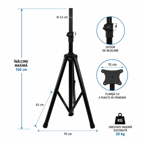 Suport Metalic Tip Trepied pentru Boxe Audio, DEPOX®, Reglabil, 150 cm, Maxim 30 Kg, Negru [4]