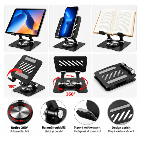 Suport pliabil metalic pentru telefon și tabletă DEPOX®, rotire 360°, reglabil 180°, compatibil 10–41 cm, negru [4]