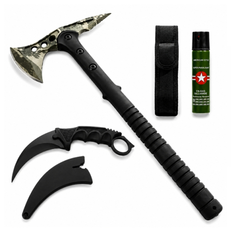 Topor camping - Set topor, cutit karambit si spray autoaparare DEPOX®, otel inoxidabil, verde/negru, 40 cm/19 cm/110 ml, teaca inclusa