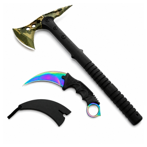 Topor camping - Set topor si cutit karambit DEPOX®, otel inoxidabil, multicolor, 40 cm/18.5 cm, teaca inclusa
