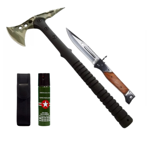 Topor camping - Set secure supravietuire, briceag vanatoare si spray autoaparare DEPOX®, otel inoxidabil, verde, 40 cm/22 cm/60 ml, teaca inclusa