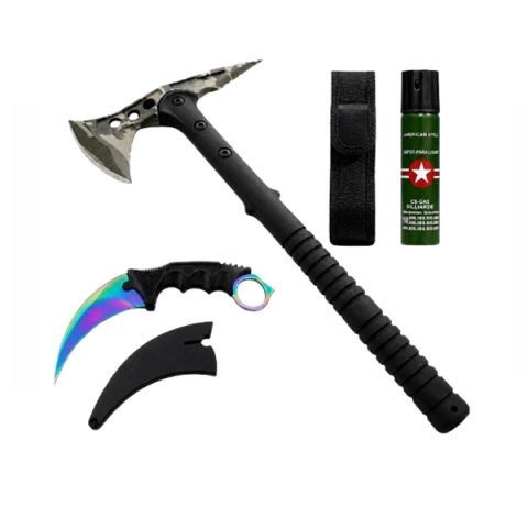 Topor camping - Set topor tactical, cutit karambit si spray autoaparare DEPOX®, otel inoxidabil, 40 cm/19 cm/110 ml, teaca inclusa