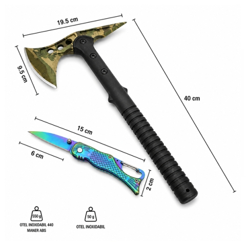 Set topor si cutit pliabil sirena DEPOX®, otel inoxidabil, 40 cm/15 cm, teaca inclusa, multicolor [1]