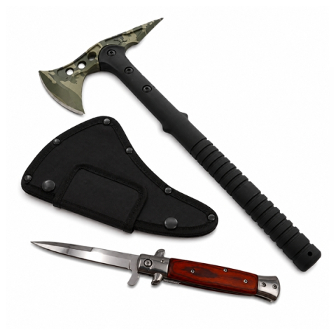 Topor camping - Set topor si briceag de vanatoare DEPOX®, otel inoxidabil, 40 cm/ 23 cm, verde/maro