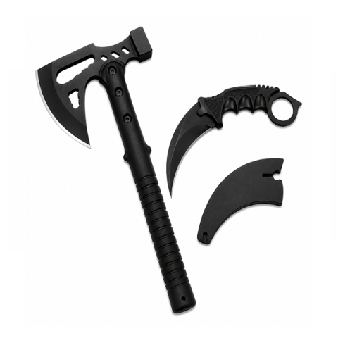 Topor camping - Set topor si cutit karambit de vanatoare DEPOX®, otel inoxidabil, negru, 42 cm/18.5 cm, teaca inclusa