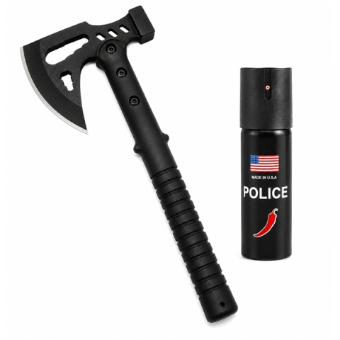 Topor camping - Set topor si spray autoaparare chili DEPOX®, otel inoxidabil, negru, 42 cm/60 ml, teaca inclusa