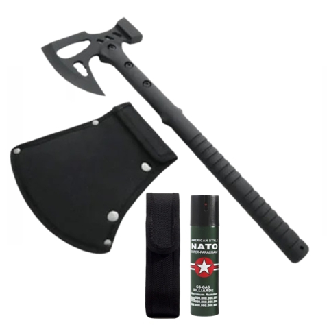 Topor camping - Set topor si spray paralizant autoaparare DEPOX®, otel inoxidabil, negru, 42 cm/120 ml, teaca inclusa