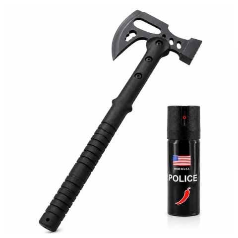 Topor camping - Set topor si spray paralizant chili, DEPOX®, otel inoxidabil, negru, 42 cm/ 60 ml