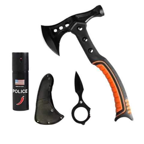 Topor camping - Set topor multifunctional camping cu ciocan, cutit de aruncat si spray autoaparare chili DEPOX®, otel inoxidabil, maner cauciucat, 33.5 cm/60 ml