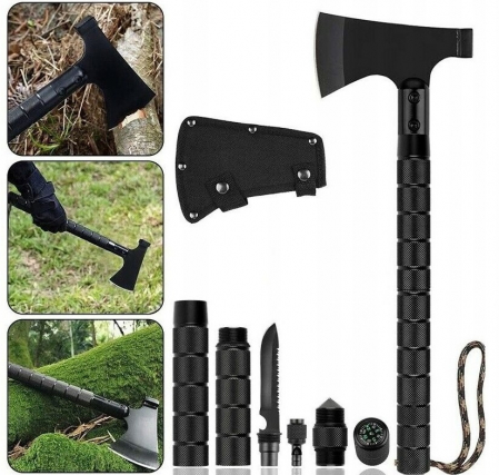 Set 2 x Topor multifunctional cu 6 piese DEPOX® , Amnar/Fluier /Cuțit/Busola , 43.5 cm , Aluminiu [3]