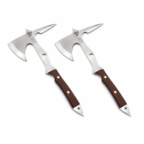 Topor camping - Set doua topoare multifunctionale din otel cu maner ergonomic si spargator geam, 53 cm, maro