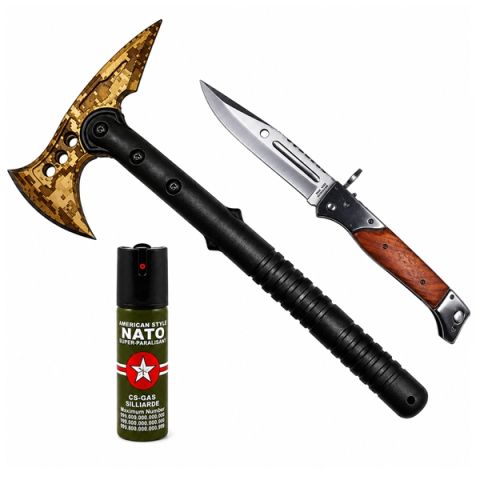 Topor camping - Set topor SurvivormBriceag Automat din Oțel 440C si Spray Autoapărare NATO 39 cm/60 ml/.27 cm, husa inclusa