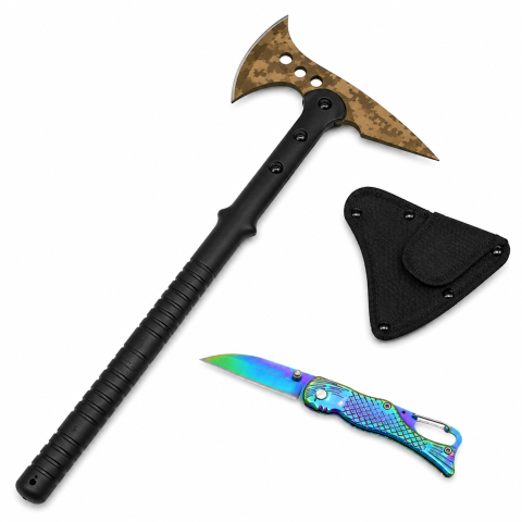Topor camping - Set topor Survivor si  briceag sirena rainbow DEPOX®, Desert Camo, 39 cm/15 cm