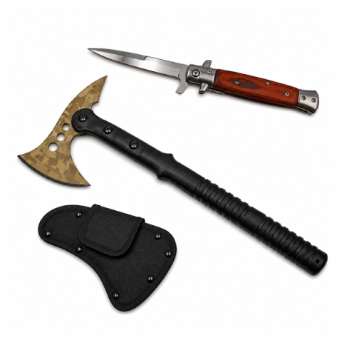 Topor camping - Set topor si briceag de vanatoare DEPOX®, 39 cm/23 cm, maro/negru, otel inoxidabil